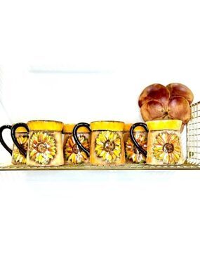Set of 6 Vintage Clay Art Sunflower Ceramic Mugs HandPainted, Rustic Style